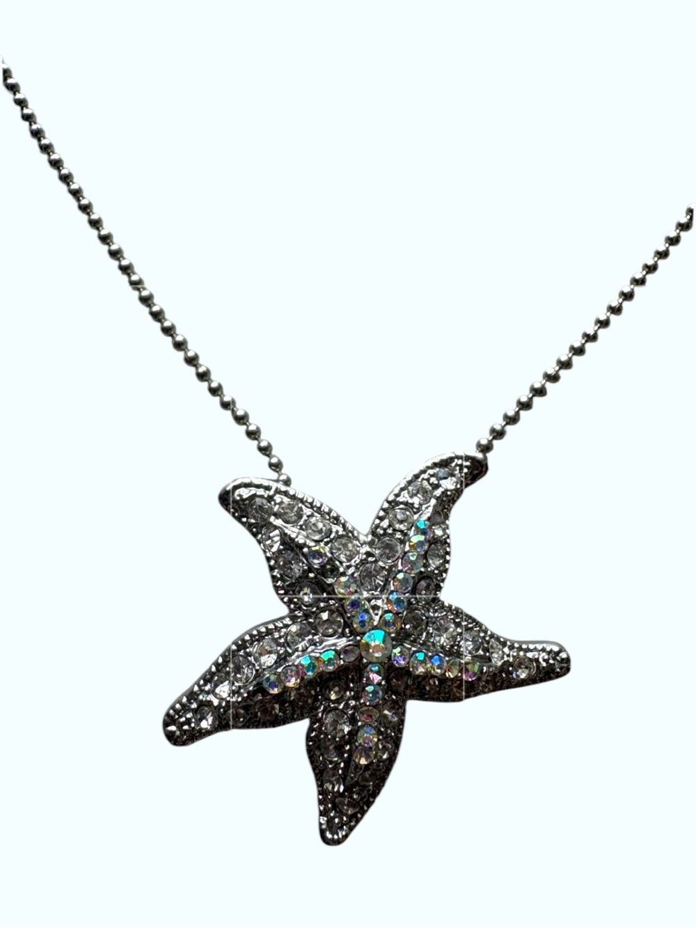 Rhinestone Starfish Necklace Silver Tone Crystal Beach Coastal Jewelry